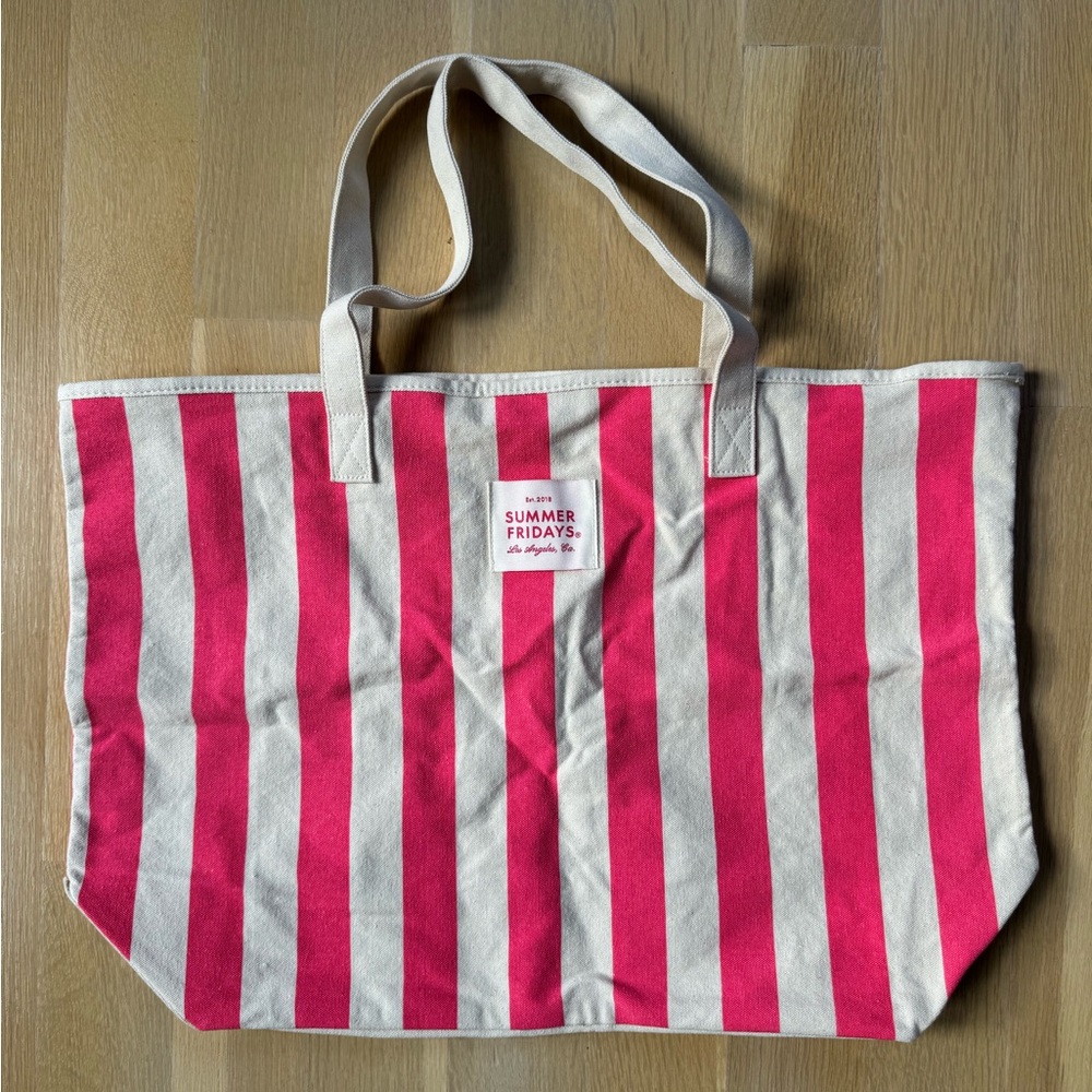 Summer Fridays Pink and White Striped Tote Bag